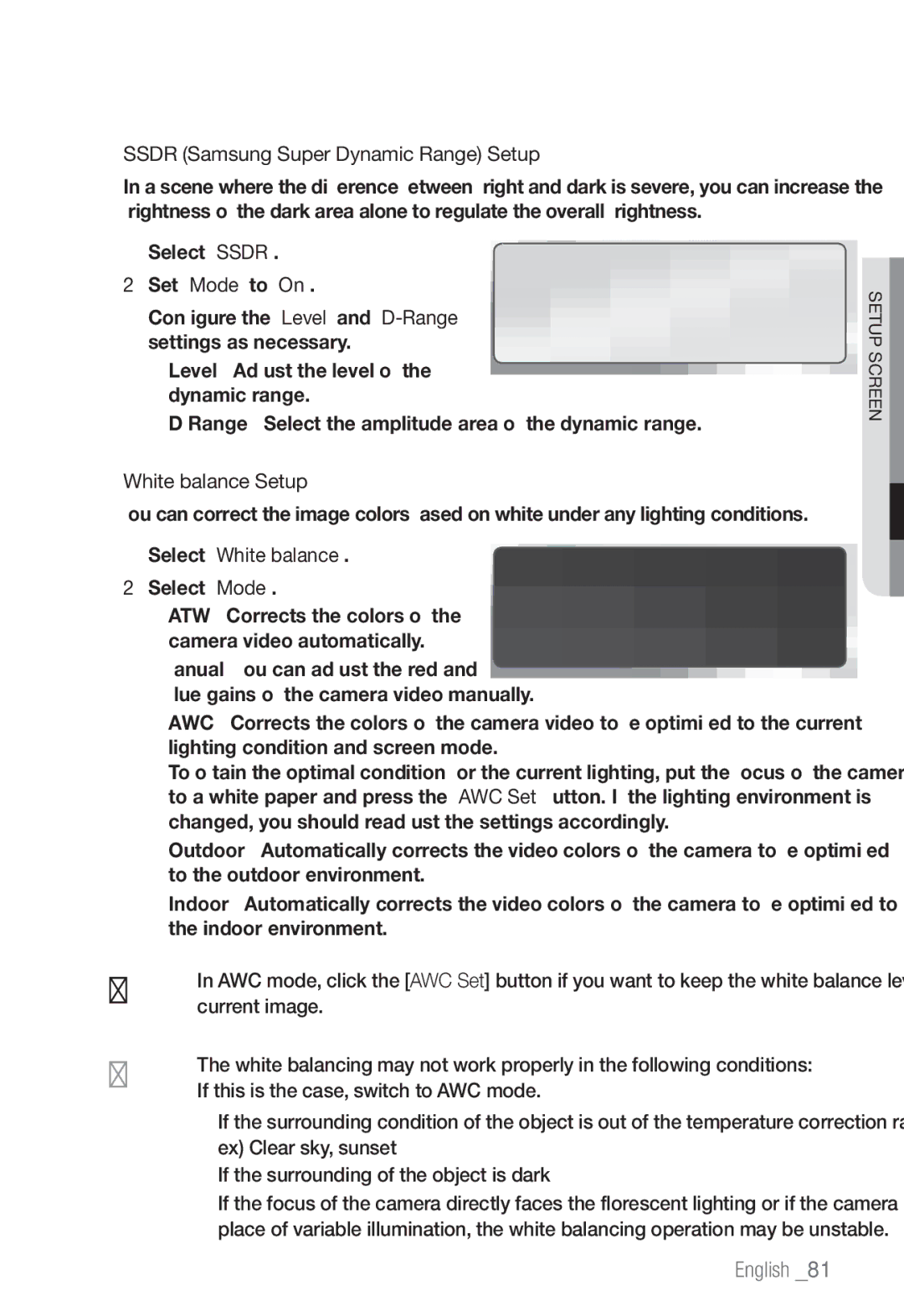 Samsung SNV-7082, SND-7082F, SNB-7002 user manual Ssdr Samsung Super Dynamic Range Setup 