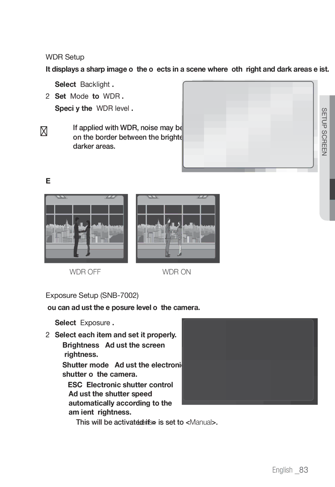 Samsung SNB-7002, SNV-7082, SND-7082F user manual WDR Setup, Select Backlight Set Mode to WDR Specify the WDR level 