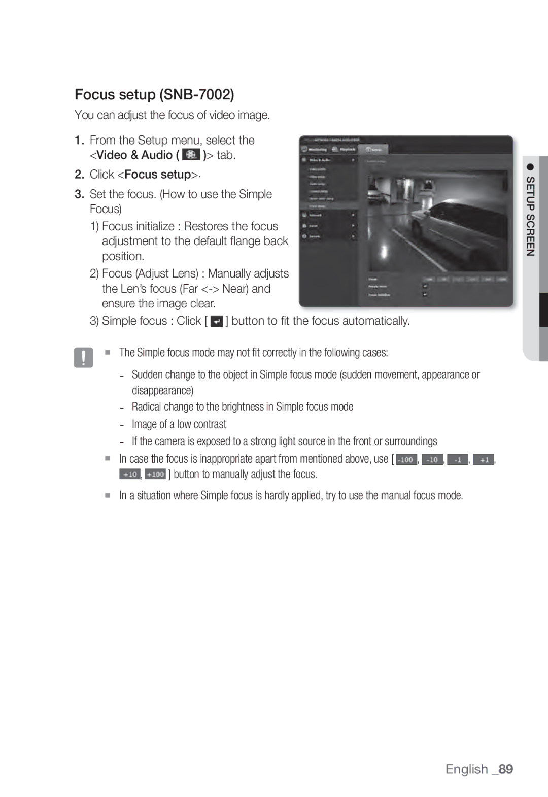 Samsung SNV-7082, SND-7082F user manual Focus setup SNB-7002, Button to manually adjust the focus 