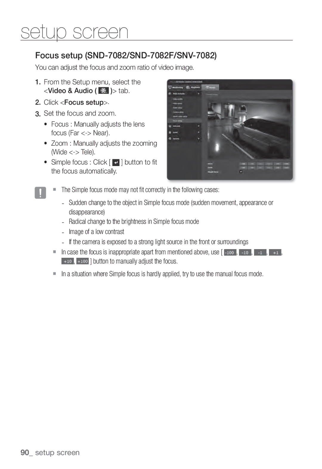 Samsung SNB-7002 user manual Focus setup SND-7082/SND-7082F/SNV-7082 