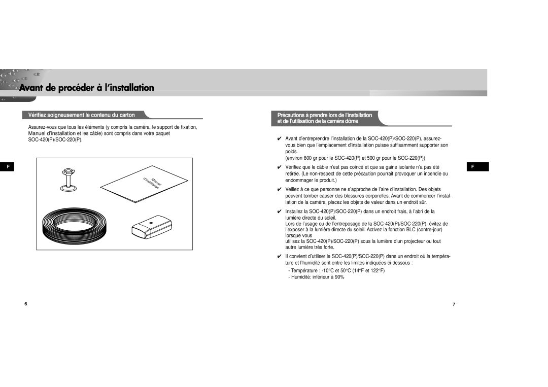 Samsung SOC-220P/W manual Avant de procéder à l’installation, Vérifiez soigneusement le contenu du carton 