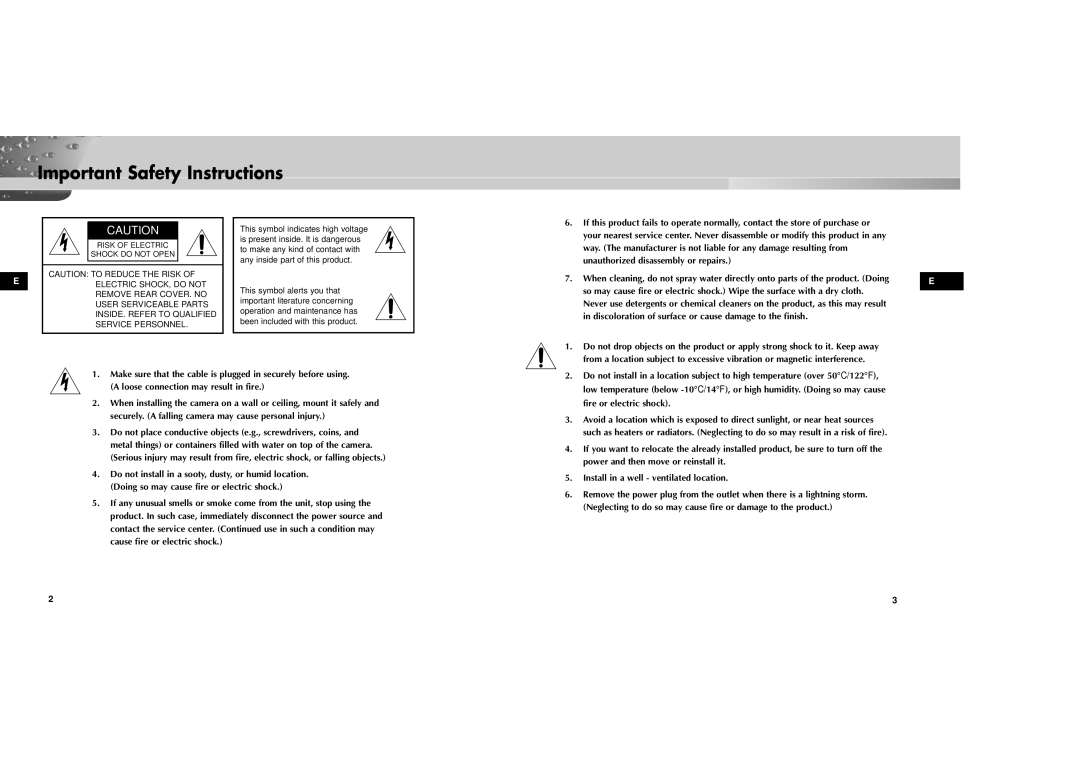 Samsung SOC-220P/W manual Important Safety Instructions, Risk of Electric Shock do not Open 