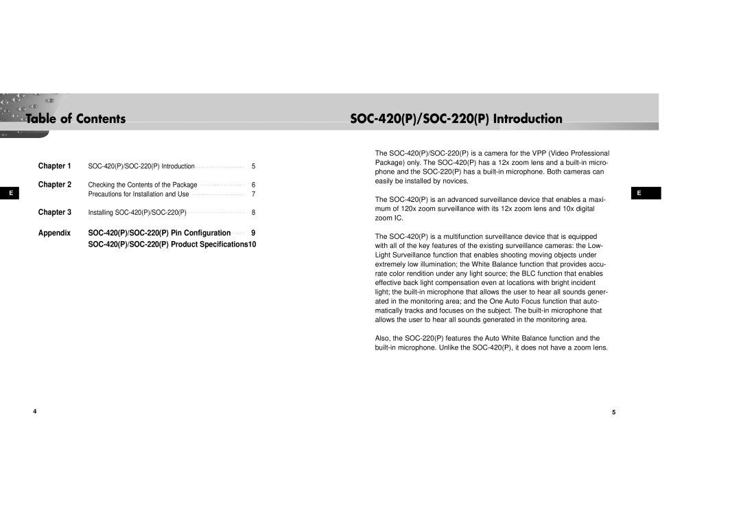 Samsung SOC-220P/W manual Table of Contents, SOC-420P/SOC-220P Introduction 