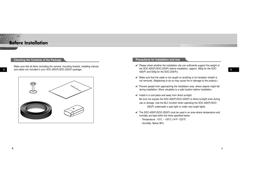 Samsung SOC-220P/W manual Before Installation, Checking the Contents of the Package 