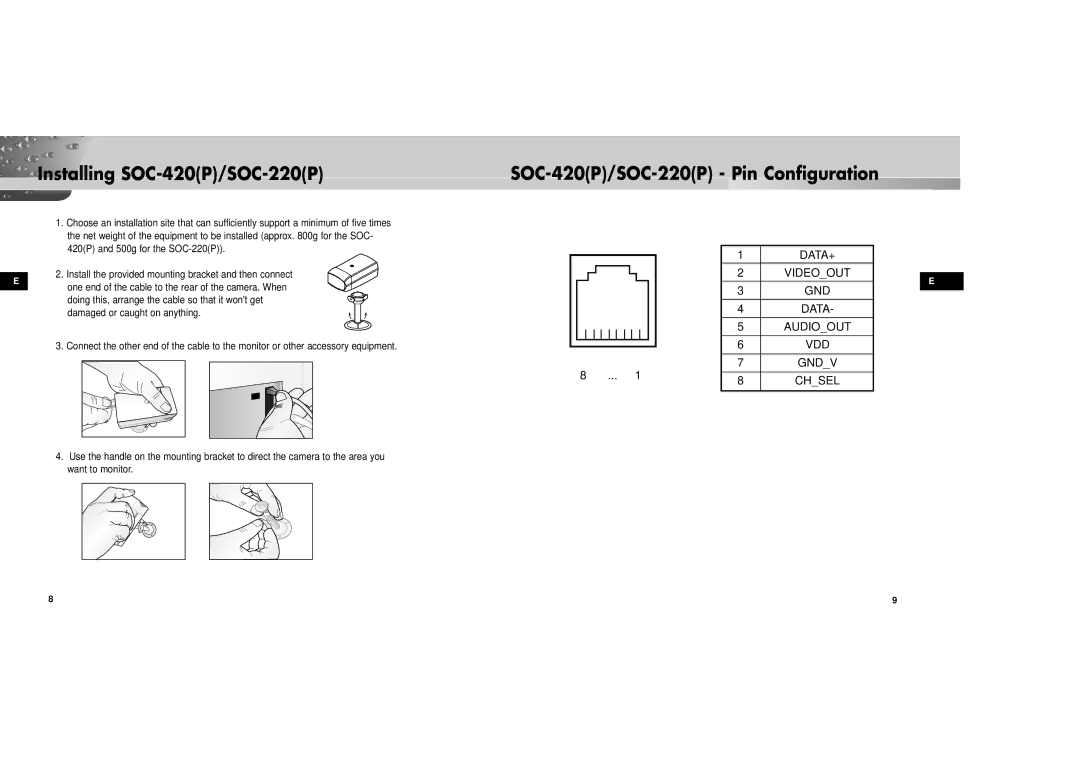 Samsung SOC-220P/W manual Installing SOC-420P/SOC-220P, SOC-420P/SOC-220P Pin Configuration 