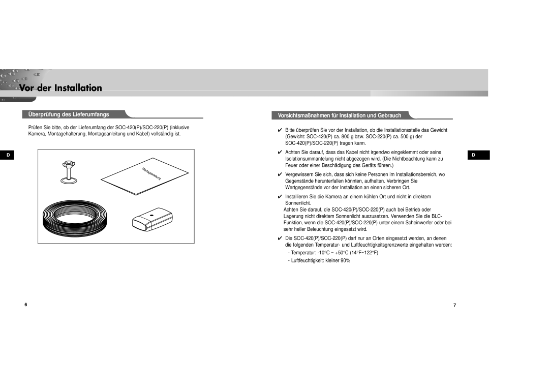 Samsung SOC-220P/W manual Vor der Installation, Überprüfung des Lieferumfangs 