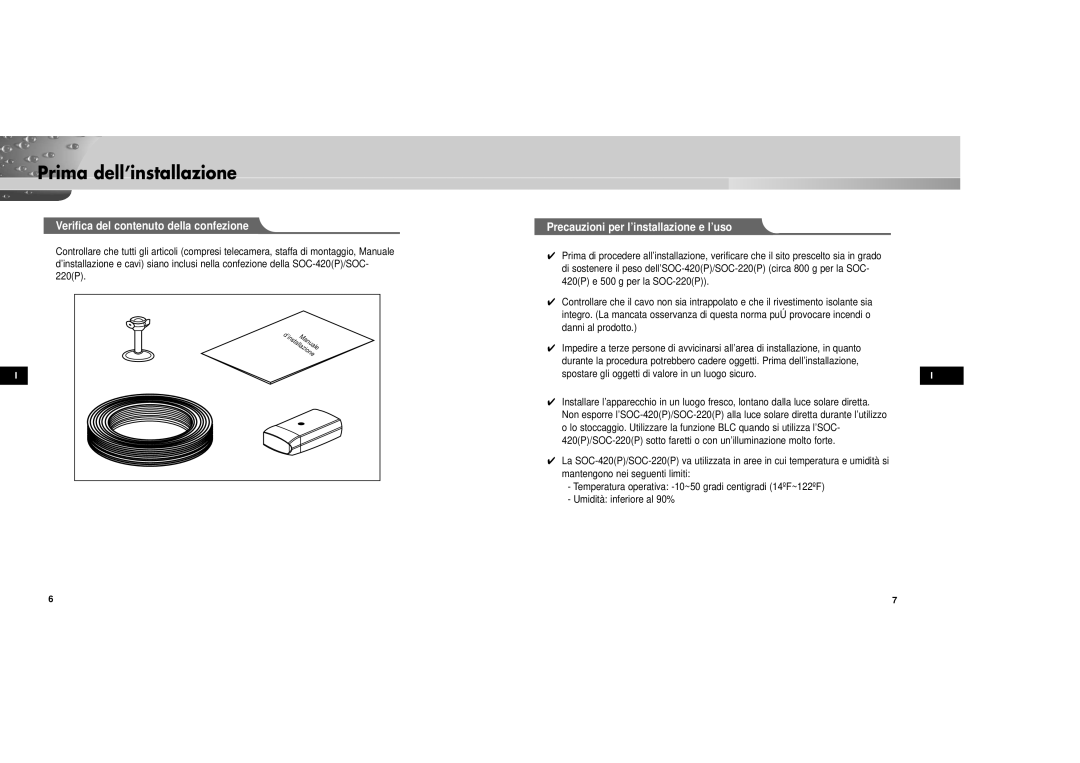 Samsung SOC-220P/W manual Prima dell’installazione, Verifica del contenuto della confezione 