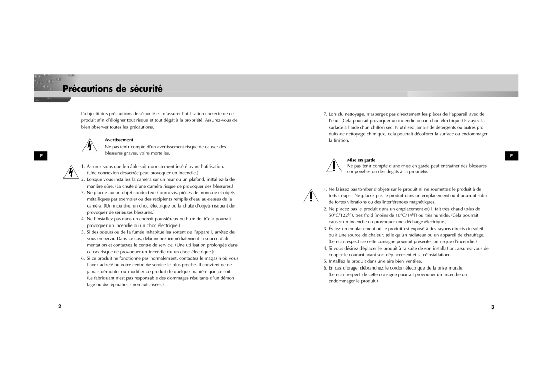 Samsung SOC-222P/W manual Précautions de sécurité, Avertissement 