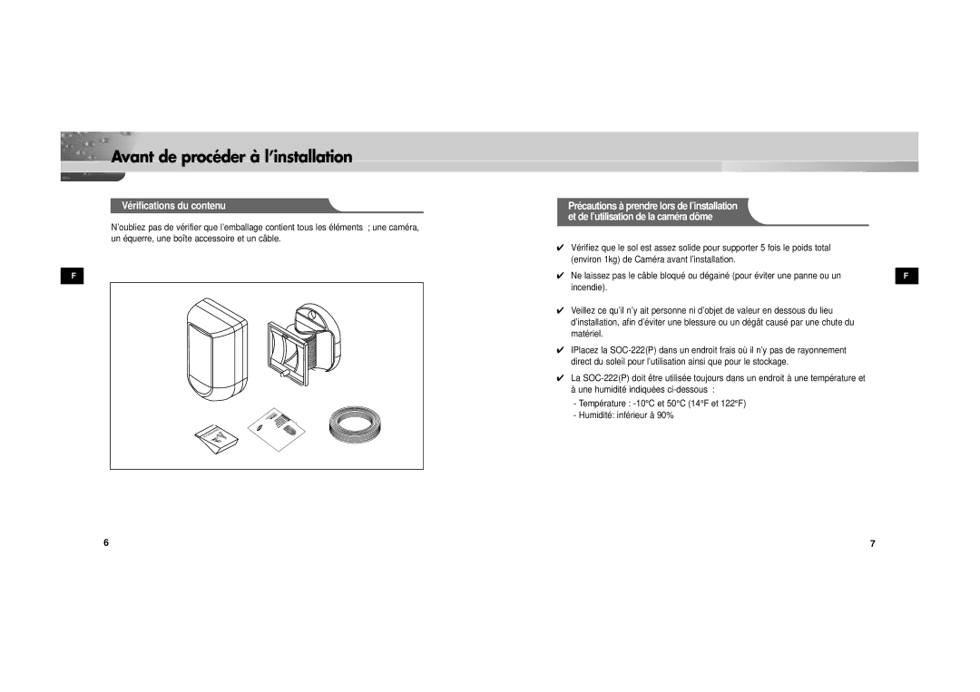 Samsung SOC-222P/W manual Avant de procéder à l’installation 