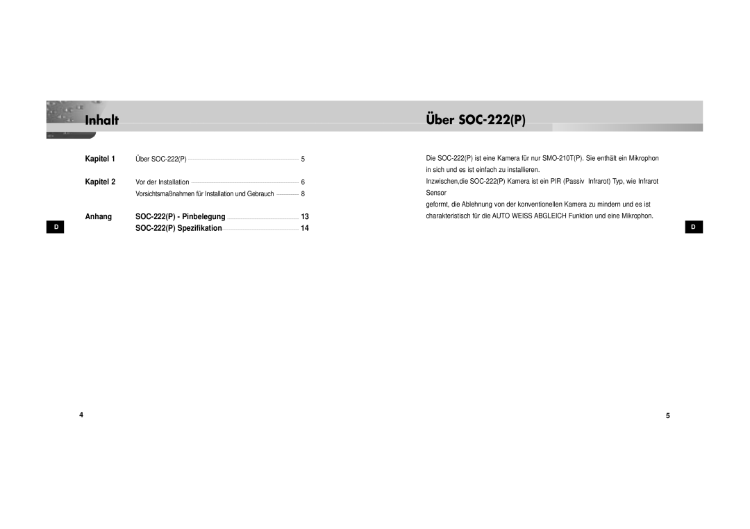 Samsung SOC-222P/W manual Inhalt, Über SOC-222P 