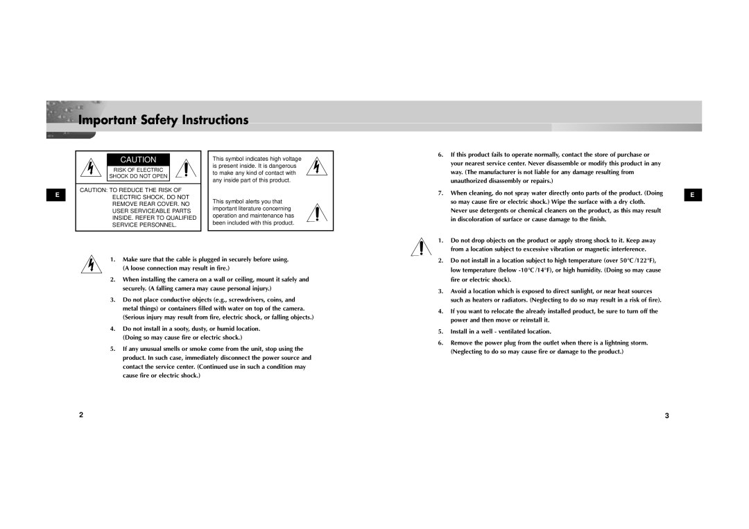 Samsung SOC-222P/W manual Important Safety Instructions, Risk of Electric Shock do not Open 