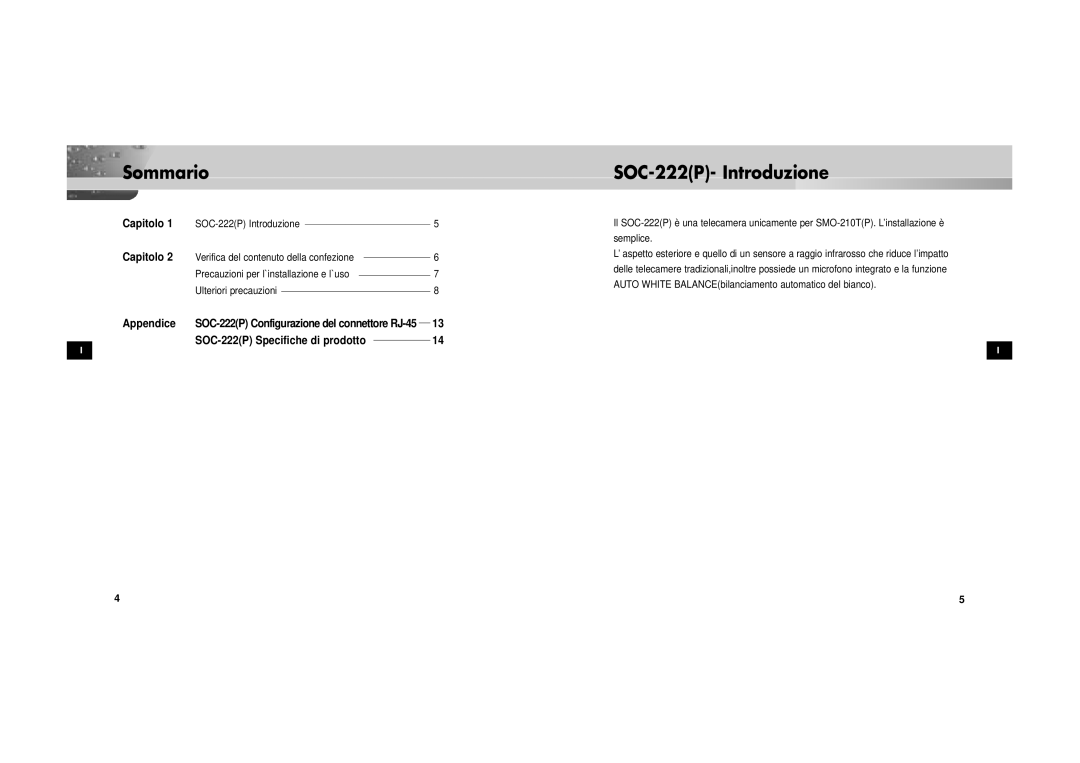 Samsung SOC-222P/W manual Sommario, SOC-222P- Introduzione 