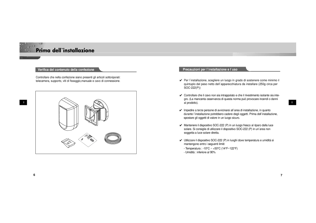 Samsung SOC-222P/W manual Prima dell`installazione, Verifica del contenuto della confezione 