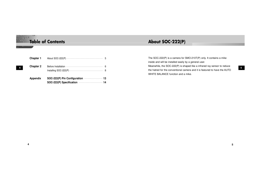 Samsung SOC-222P/W manual Table of Contents, About SOC-222P 