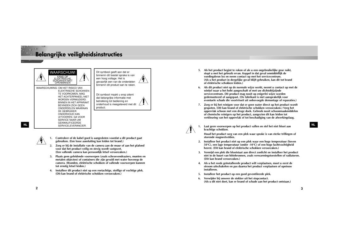 Samsung SOC-222P/W manual Belangrijke veiligheidsinstructies, Waarschuwi 