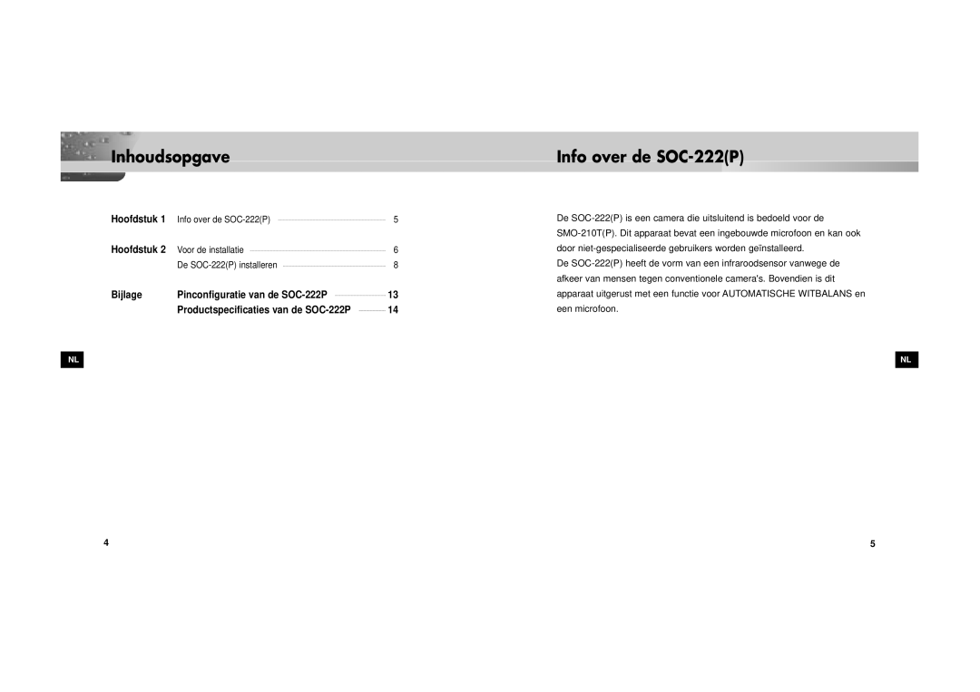 Samsung SOC-222P/W manual Inhoudsopgave, Info over de SOC-222P 