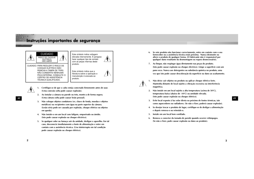 Samsung SOC-222P/W manual Instruções importantes de segurança, Cuidado 