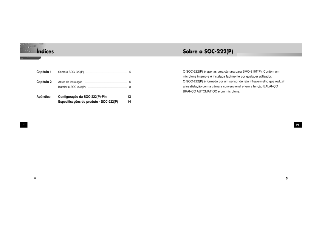 Samsung SOC-222P/W manual Índices, Sobre o SOC-222P 