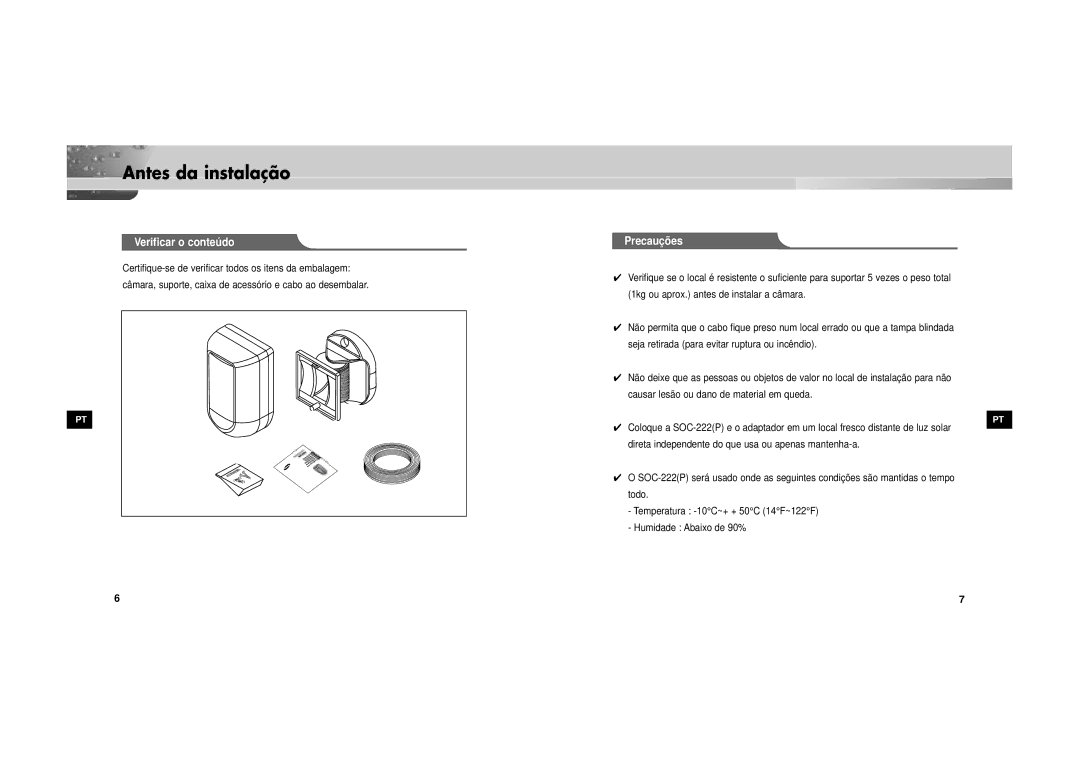 Samsung SOC-222P/W manual Antes da instalação, Verificar o conteúdo, Precauçõ es 