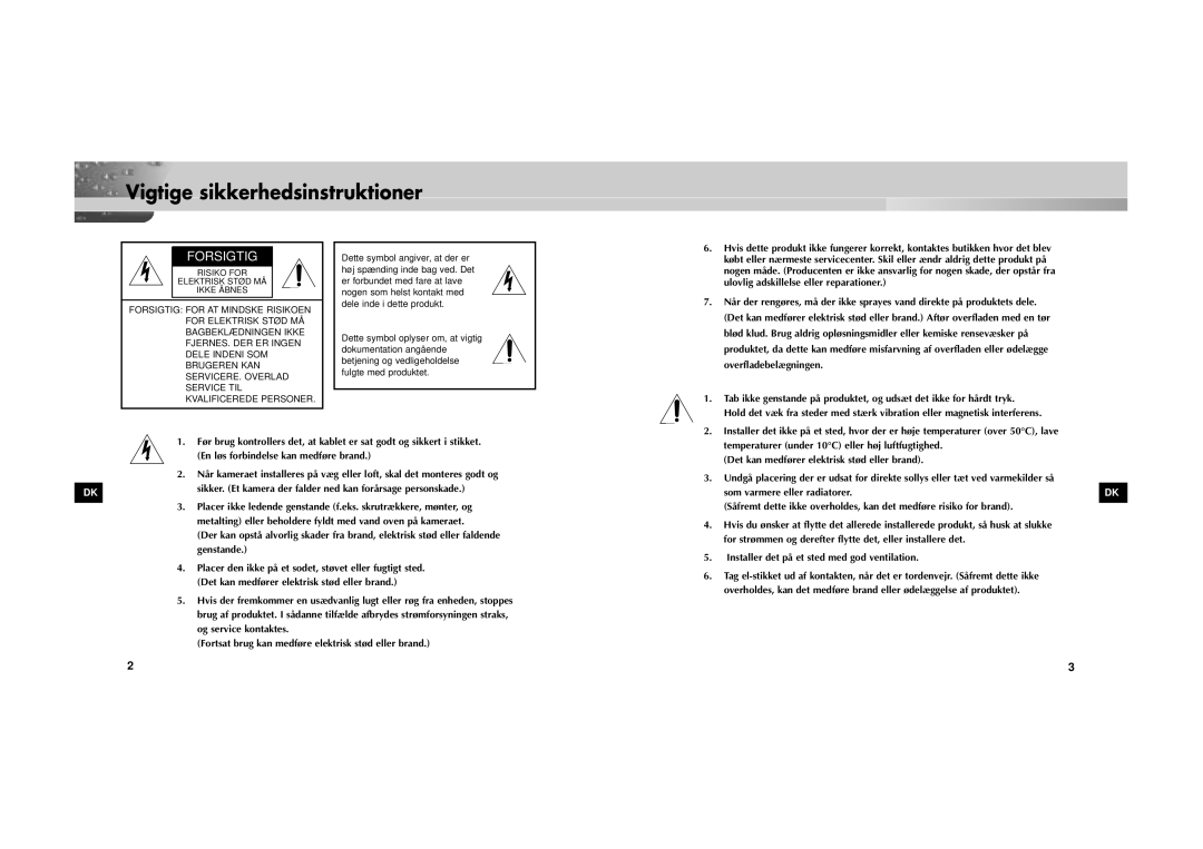 Samsung SOC-222P/W manual Vigtige sikkerhedsinstruktioner, Forsigtig 