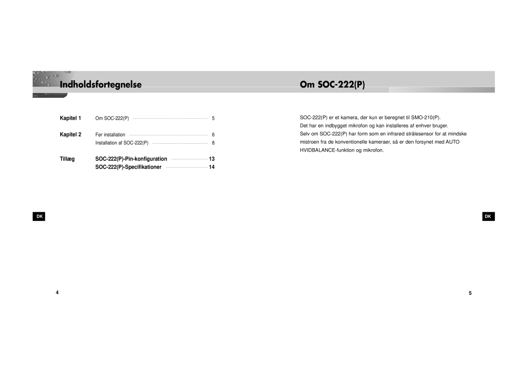 Samsung SOC-222P/W manual Indholdsfortegnelse, Om SOC-222P 