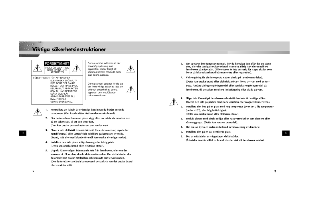 Samsung SOC-222P/W manual Viktiga säkerhetsinstruktioner, Försiktighet 