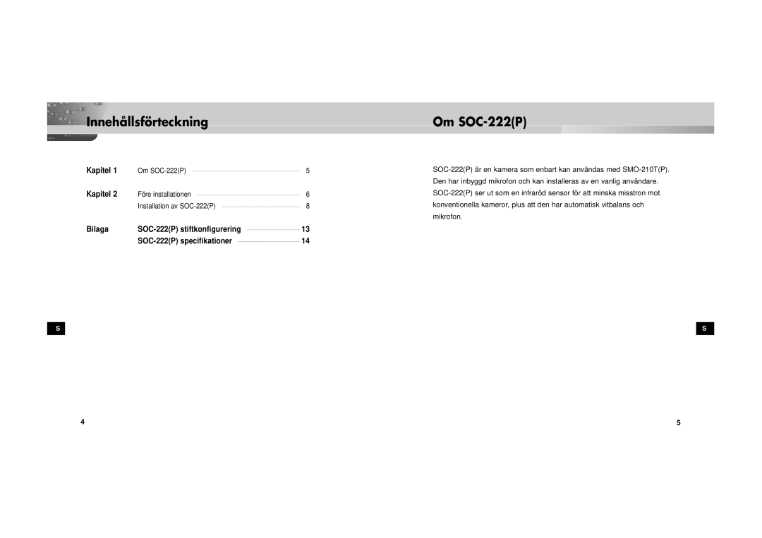 Samsung SOC-222P/W manual Innehållsförteckning, Om SOC-222P 