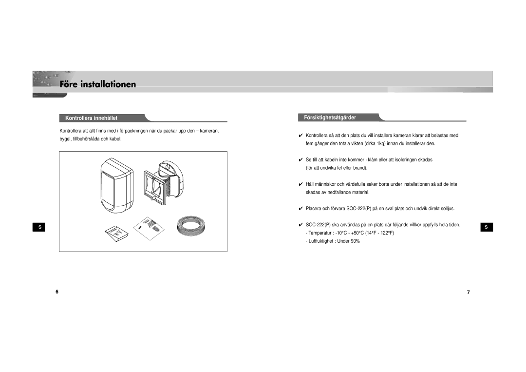 Samsung SOC-222P/W manual Före installationen, Kontrollera innehållet, Fö rsiktighetså tgä rder 