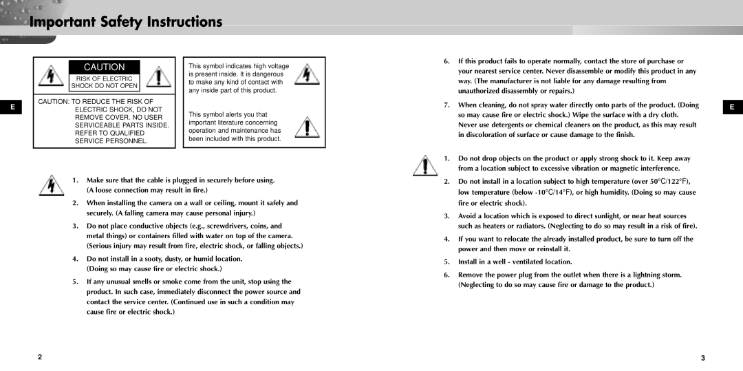 Samsung SOC-320P manual Important Safety Instructions, Risk of Electric Shock do not Open 