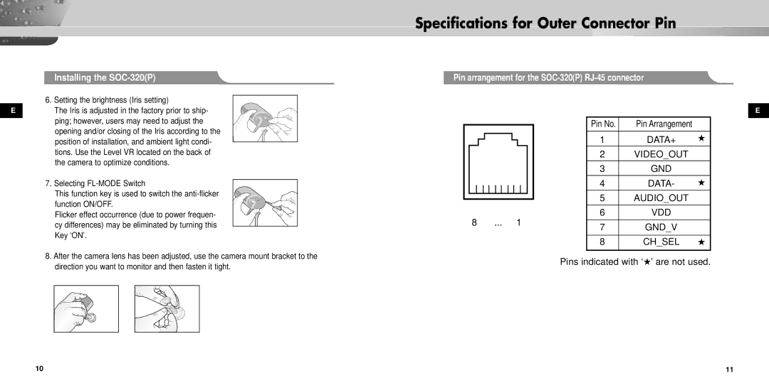 Samsung manual Specifications for Outer Connector Pin, Pin arrangement for the SOC-320P RJ-45 connector, Pin No 