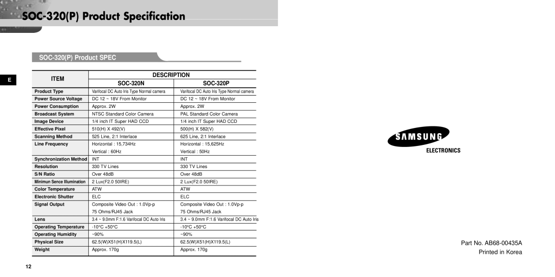 Samsung manual SOC-320P Product Specification, Part No. AB68-00435A 