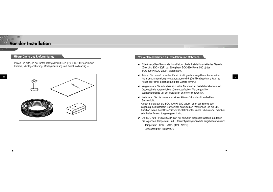 Samsung SOC-420P/W Vor der Installation, Überprüfung des Lieferumfangs, Vorsichtsmaßnahmen für Installation und Gebrauch 