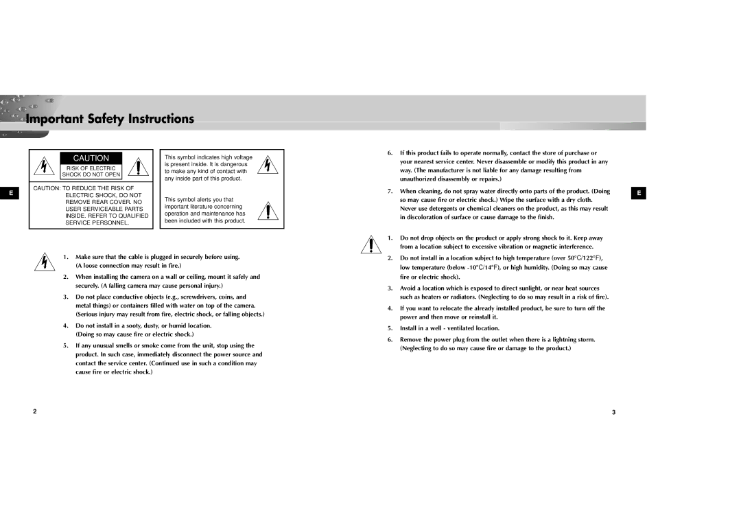 Samsung SOC-420P/W manual Important Safety Instructions, Risk of Electric Shock do not Open 