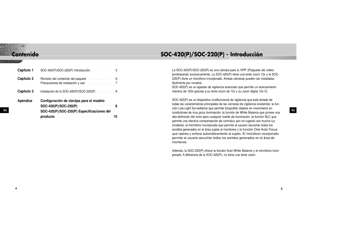 Samsung SOC-420P/W manual Contenido, SOC-420P/SOC-220P Introducción 