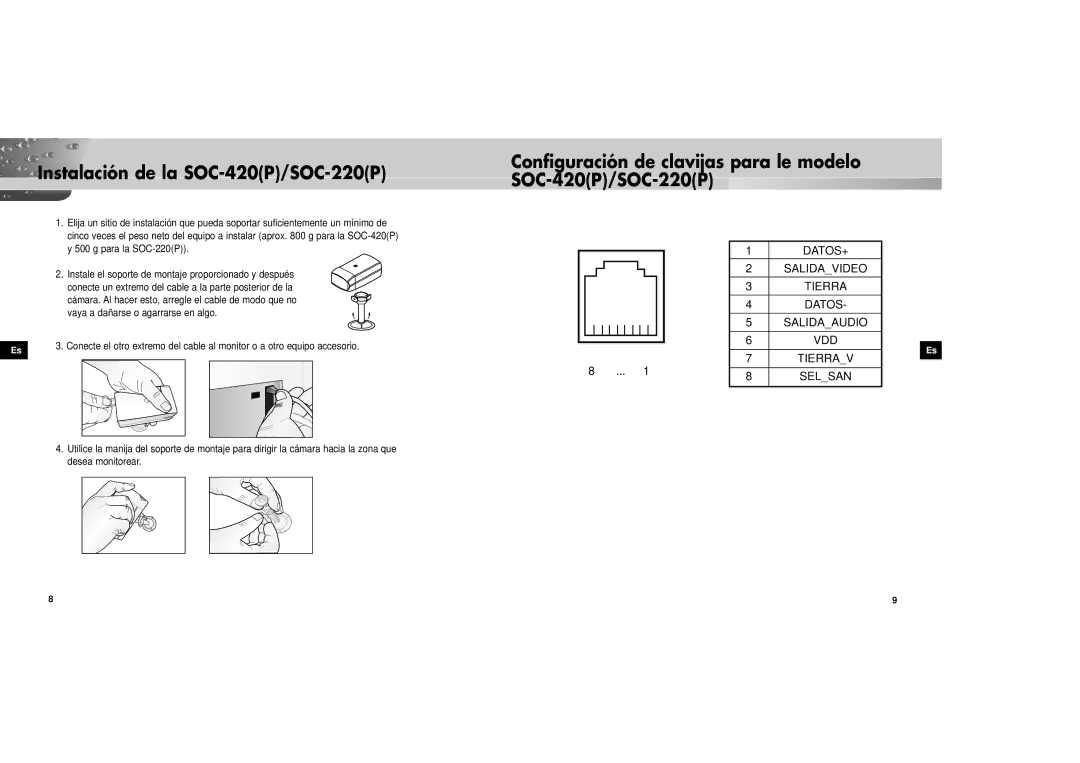 Samsung SOC-420P/W Instalación de la SOC-420P/SOC-220P, Configuración de clavijas para le modelo SOC-420P/SOC-220P 