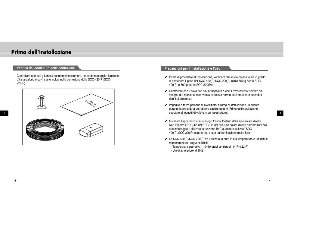 Samsung SOC-420P/W manual Prima dell’installazione, Verifica del contenuto della confezione 