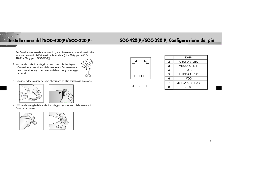 Samsung SOC-420P/W manual Installazione dell’SOC-420P/SOC-220P, SOC-420P/SOC-220P Configurazione dei pin 