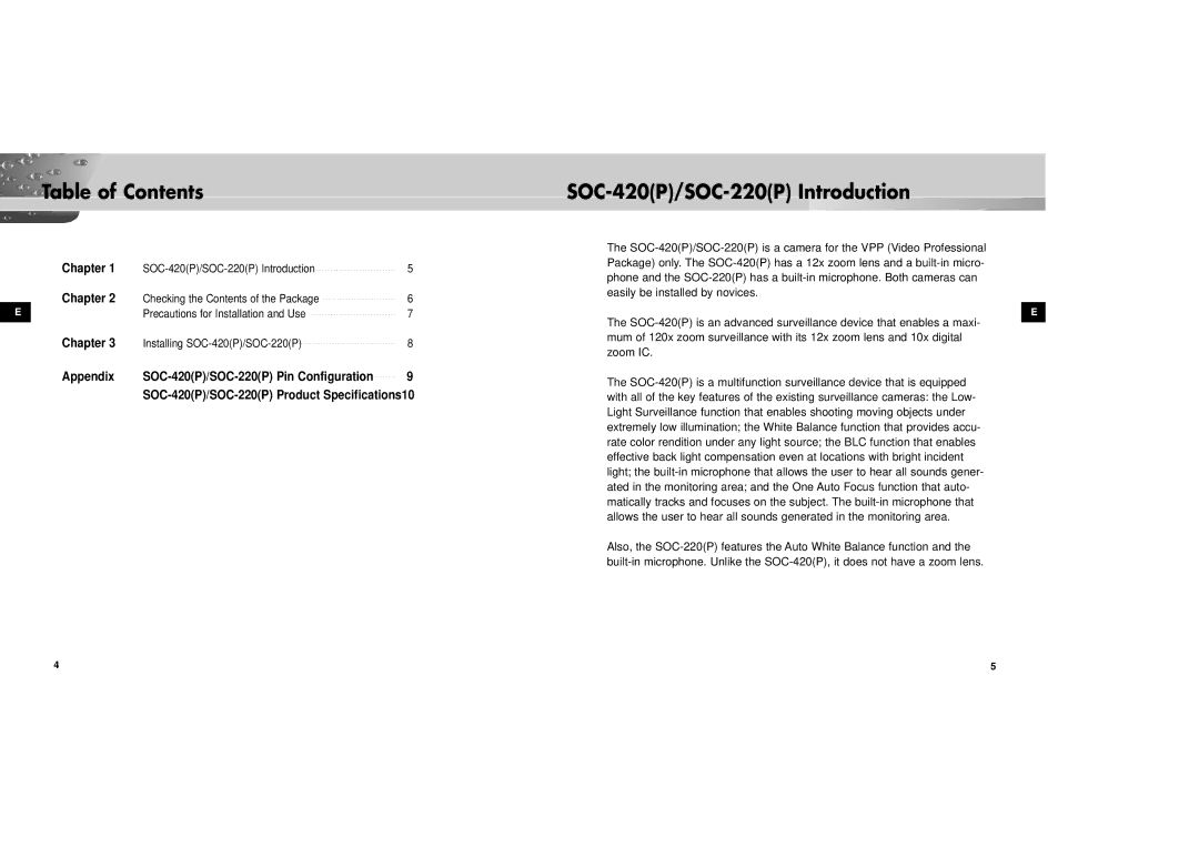 Samsung SOC-420P/W manual Table of Contents, SOC-420P/SOC-220P Introduction 