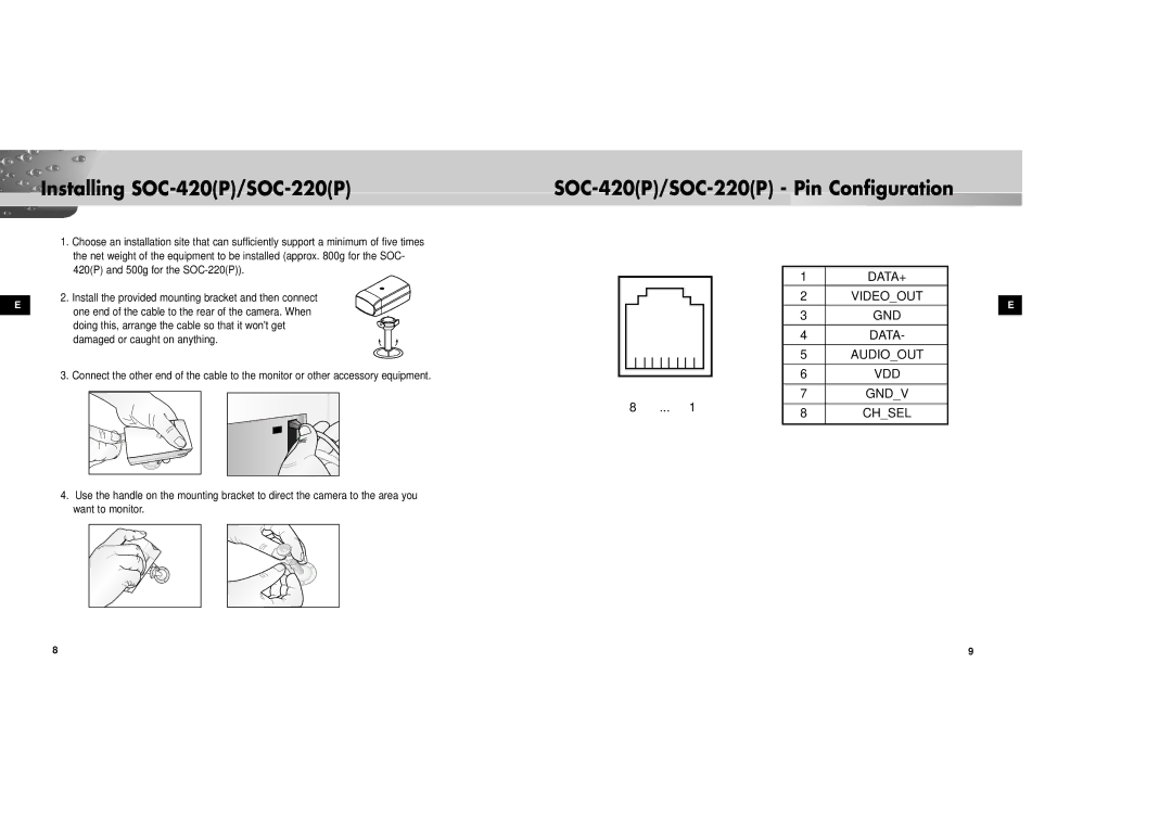 Samsung SOC-420P/W manual Installing SOC-420P/SOC-220P, SOC-420P/SOC-220P Pin Configuration 