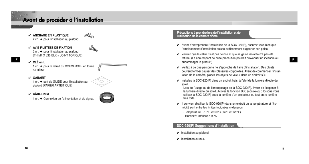 Samsung SOC-920P/W manual SOC-920P Suggestions d’installation, Ancrage EN Plastique, Avis Filetées DE Fixation, Gabarit 