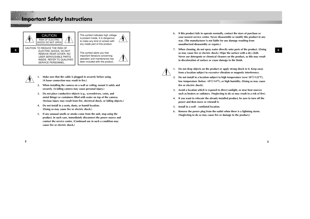 Samsung SOC-920P/W manual Important Safety Instructions, Risk of Electric Shock do not Open 