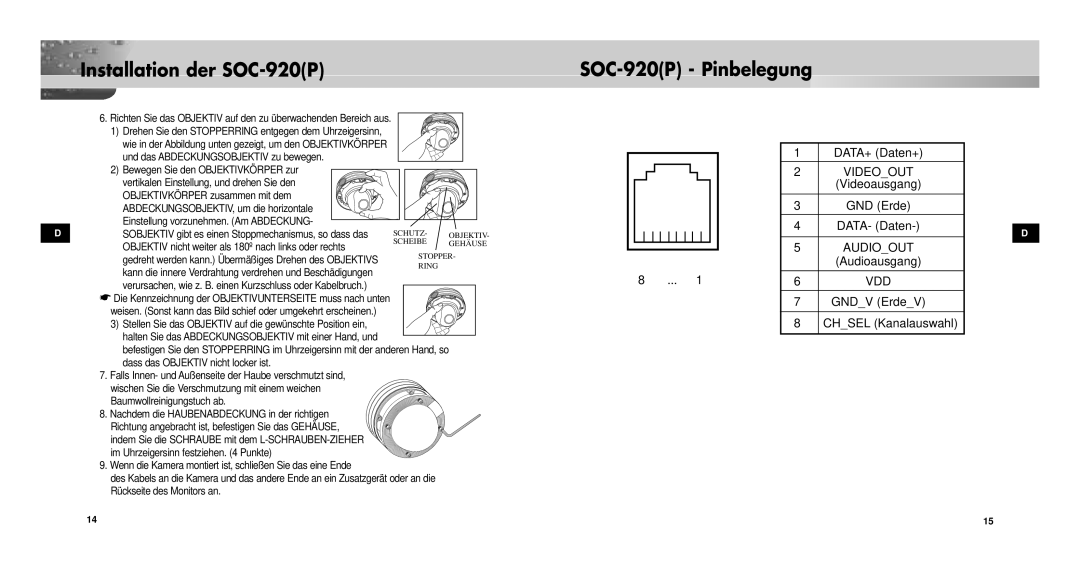 Samsung manual Installation der SOC-920P SOC-920P Pinbelegung, Objektiv nicht weiter als 180º nach links oder rechts 