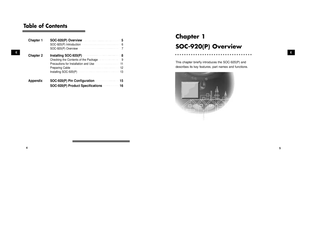 Samsung SOC-920P/W manual Chapter SOC-920P Overview, Table of Contents 