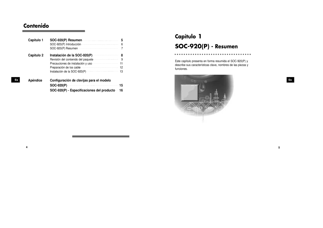 Samsung SOC-920P/W manual SOC-920P Resumen, Contenido, Capítulo 