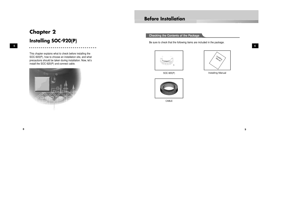 Samsung SOC-920P/W manual Chapter, Installing SOC-920P, Before Installation, Checking the Contents of the Package 