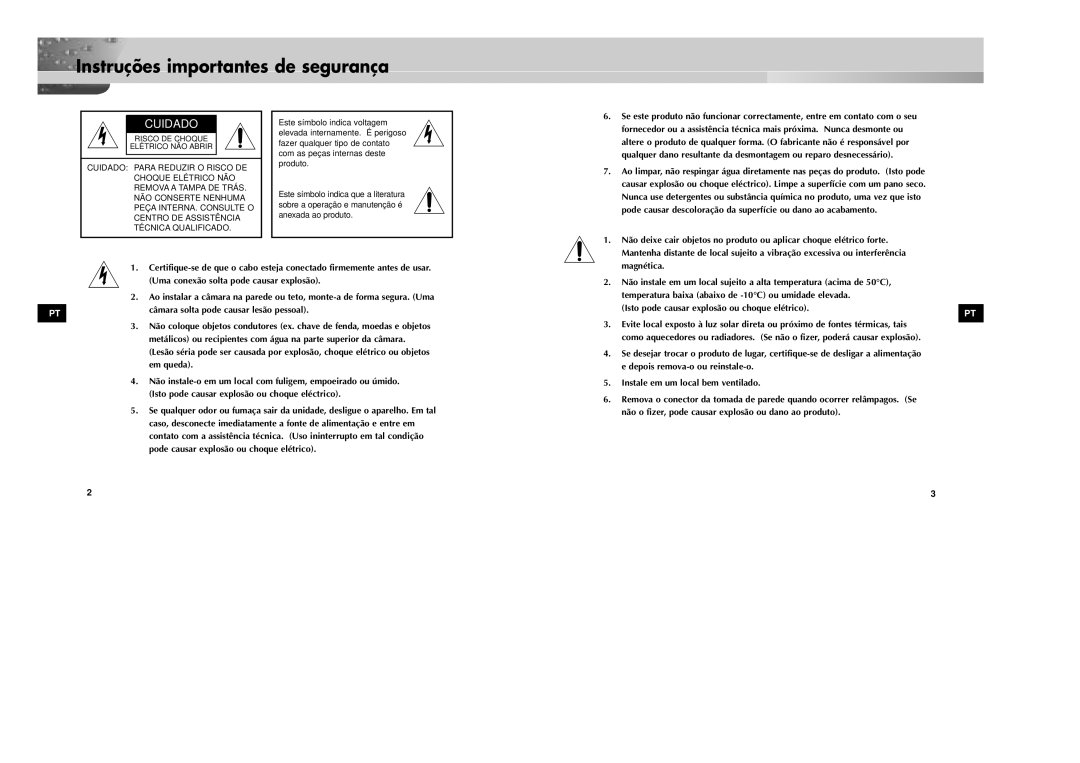 Samsung SOC-920P/W manual Instruções importantes de segurança, Cuidado 