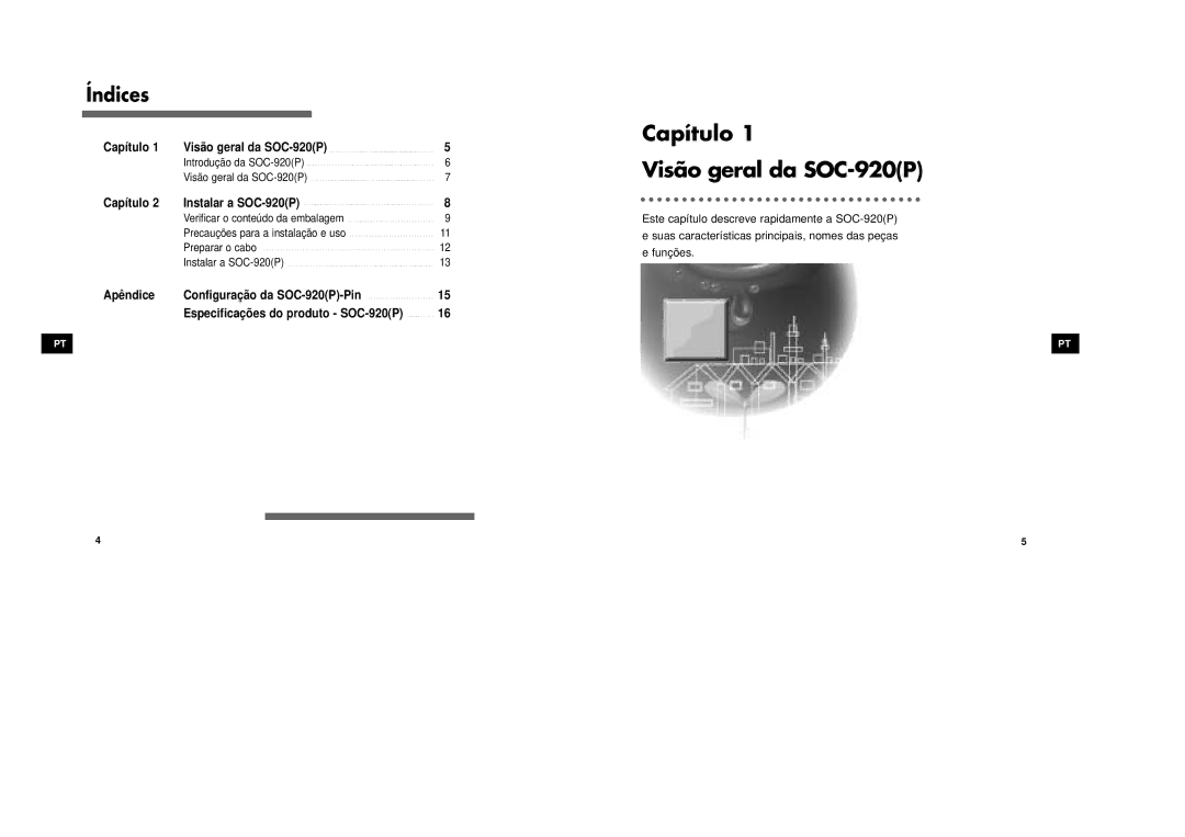 Samsung SOC-920P/W manual Capítulo Visão geral da SOC-920P, Índices, Capítulo Instalar a SOC-920P 