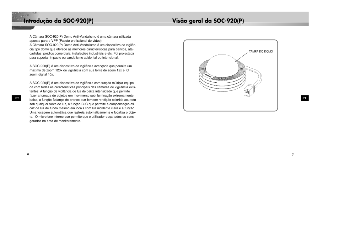 Samsung SOC-920P/W manual Introdução da SOC-920P Visão geral da SOC-920P 