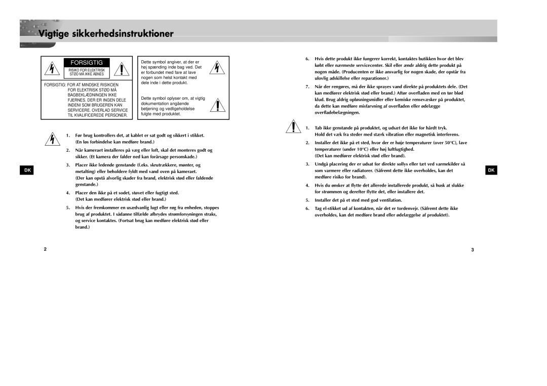 Samsung SOC-920P/W manual Vigtige sikkerhedsinstruktioner, Forsigtig 