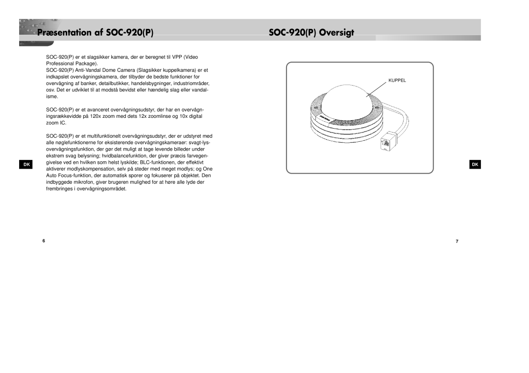 Samsung SOC-920P/W manual Præsentation af SOC-920P SOC-920P Oversigt 